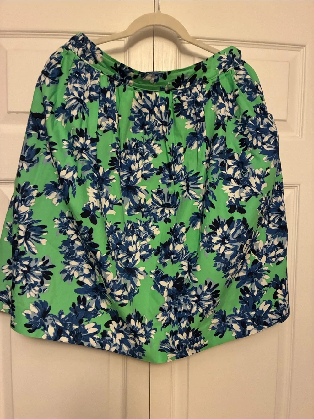 J. Crew Green patio skirt with Blue & White Floral Print